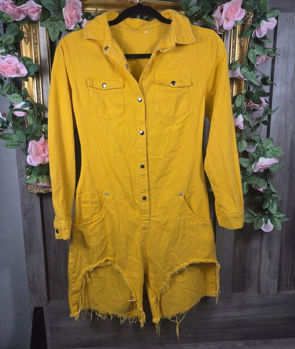 Womens Mustard Yellow Denim Romper Jumpsuit Long Sleeve Snap Front Frayed Hem